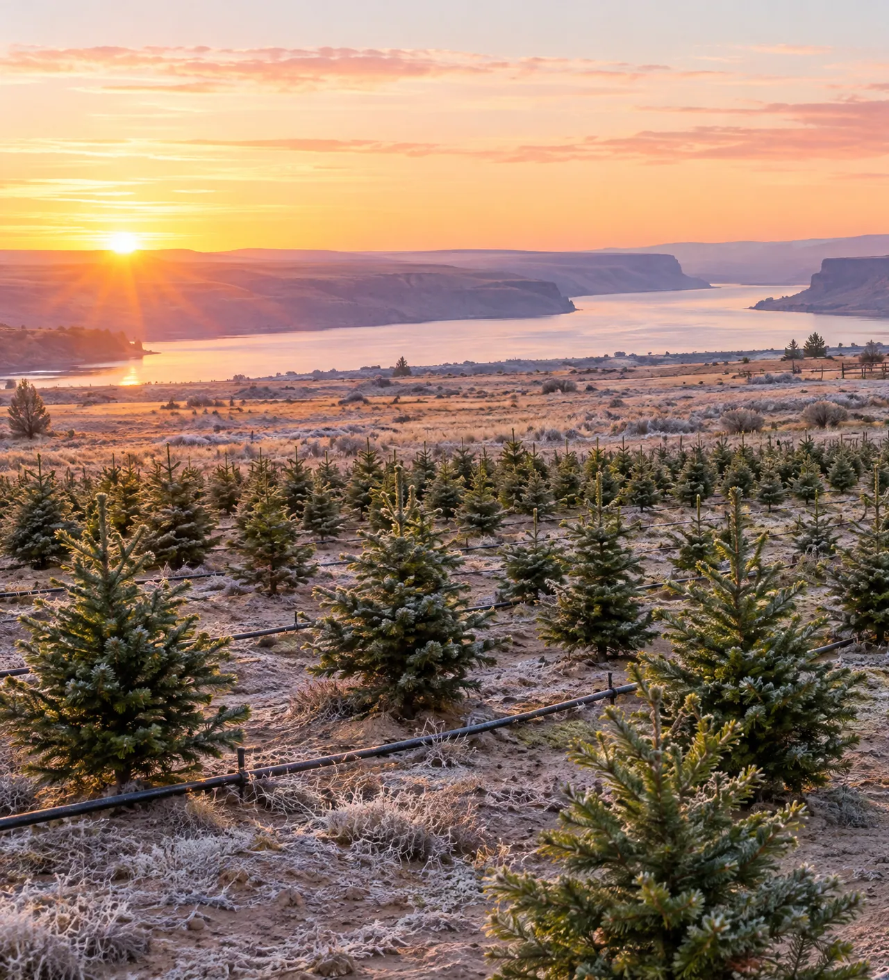 Rows of young Christmas trees growing at sunrise near the Columbia River