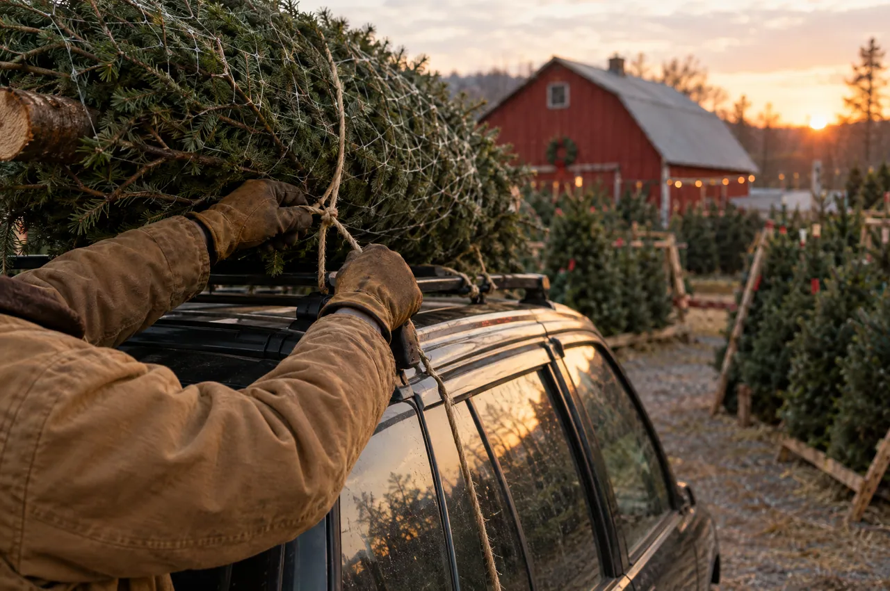 A Christmas tree tied to the roof of a car